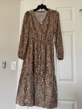 LOFT Brown Paisley Metallic-Accent Long Sleeve Midi Dress